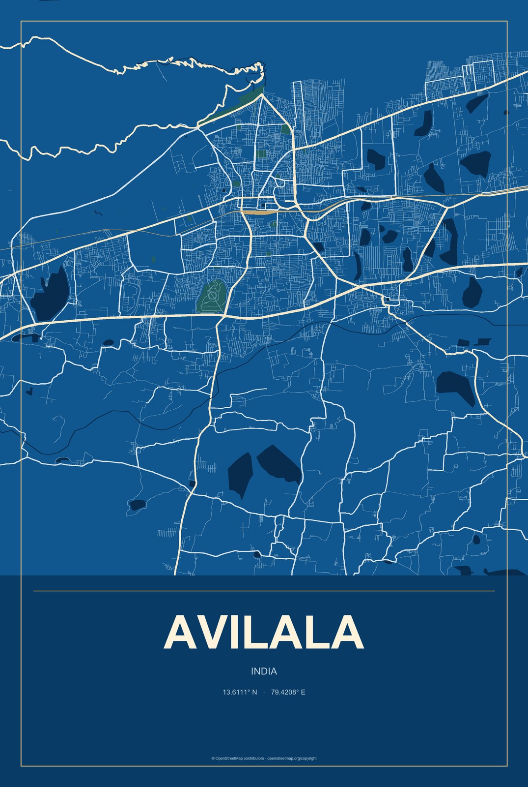 Avilala, India City Map Aluminum Sign in Harbor Cobalt style