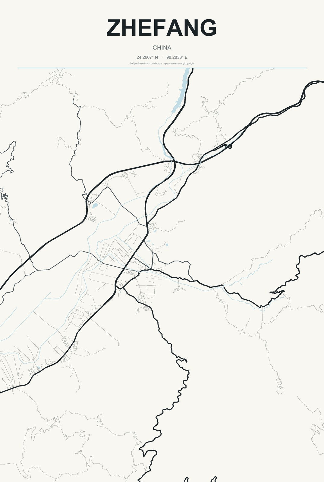Zhefang, China City Map Aluminum Sign in Headline Atlas style