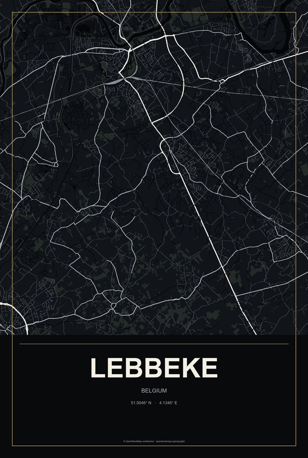 Lebbeke, Belgium City Map Aluminum Sign in Metropolitan Noir style