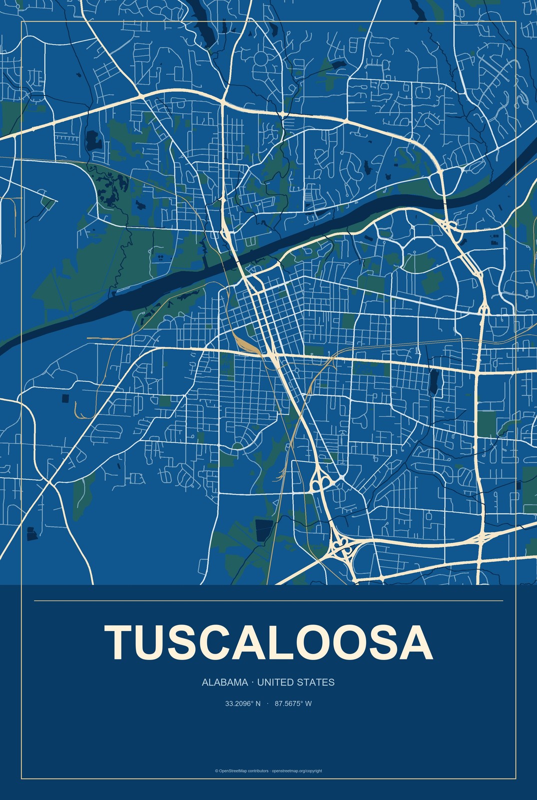 Tuscaloosa, Alabama City Map Aluminum Sign in Harbor Cobalt style