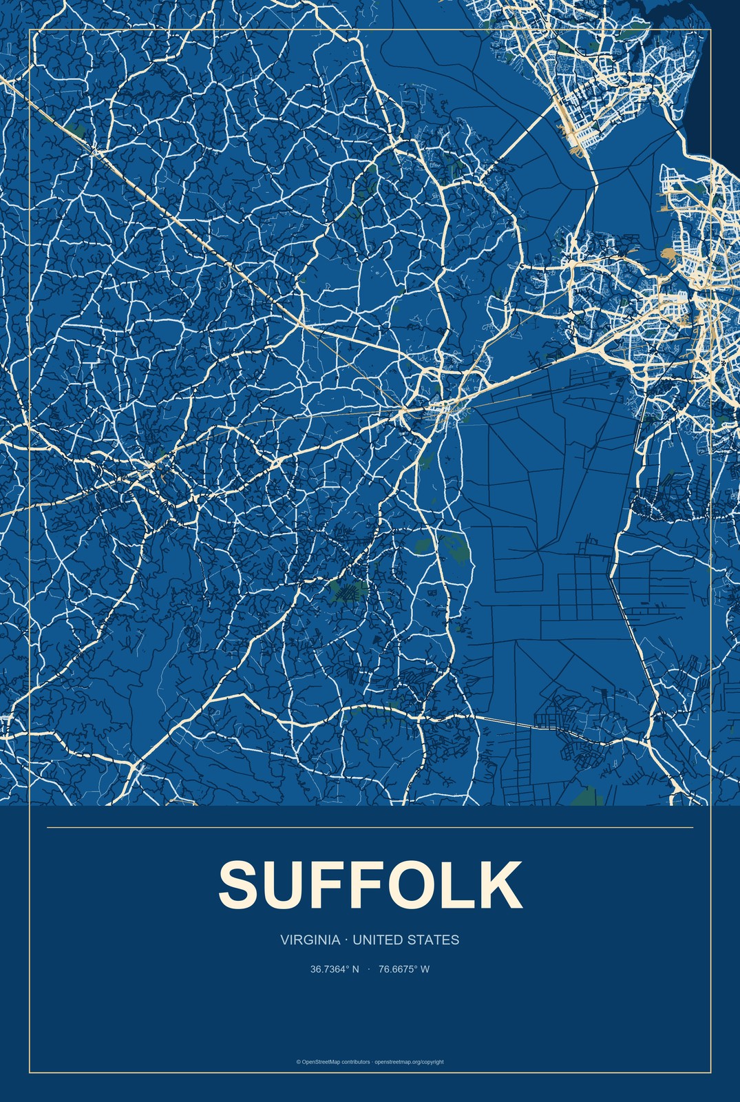 Suffolk, Virginia City Map Aluminum Sign in Harbor Cobalt style
