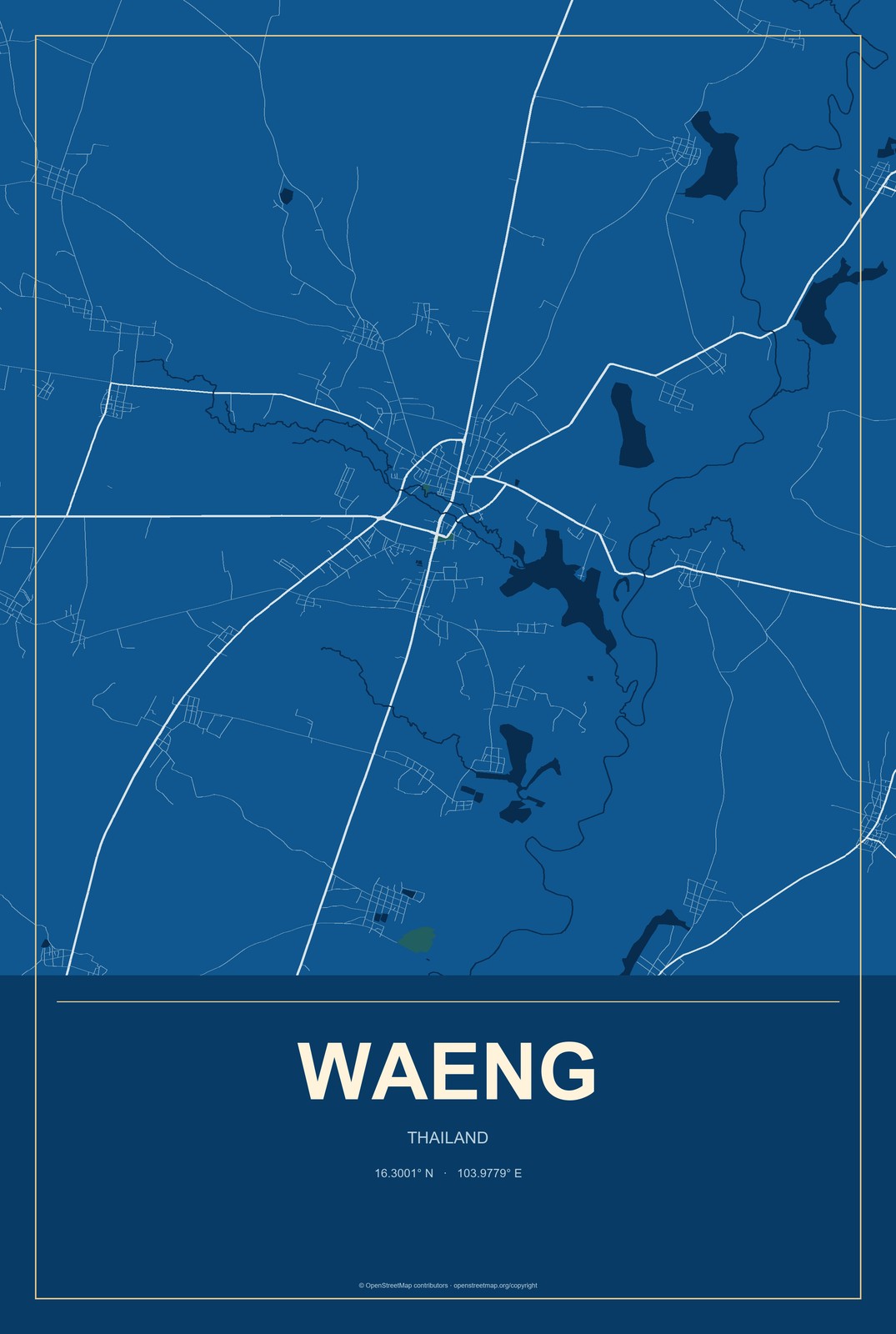 Waeng, Thailand City Map Aluminum Sign in Harbor Cobalt style