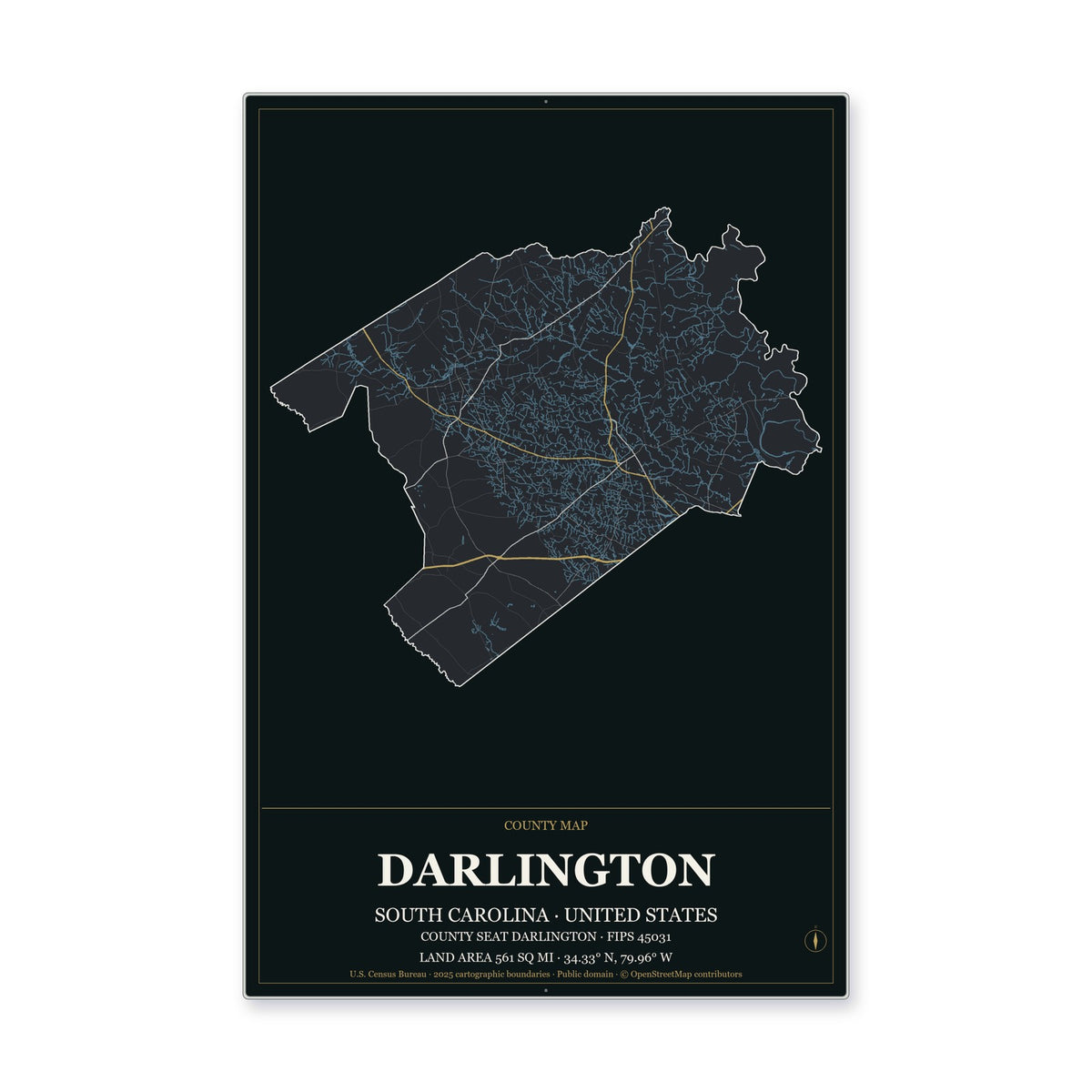 Darlington County, South Carolina Map Aluminum Sign in Metropolitan Noir style