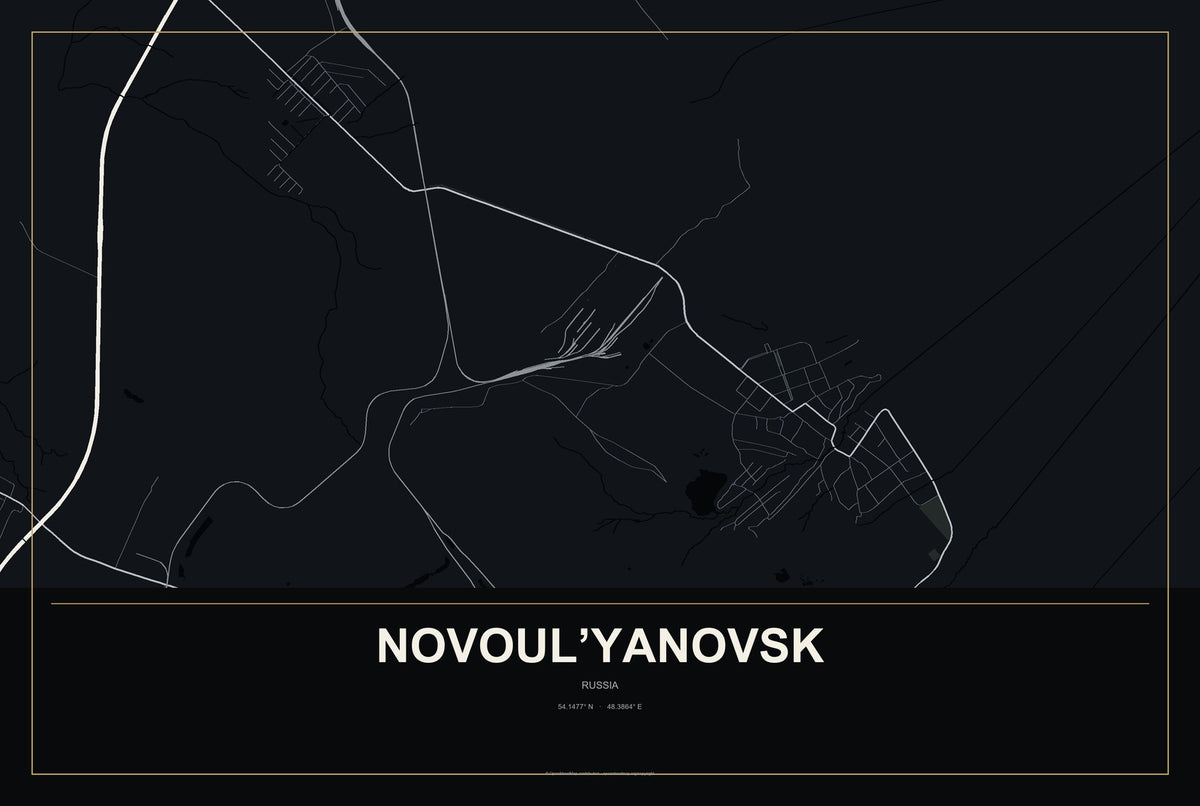 Novoul’yanovsk, Russia City Map Aluminum Sign in Metropolitan Noir style