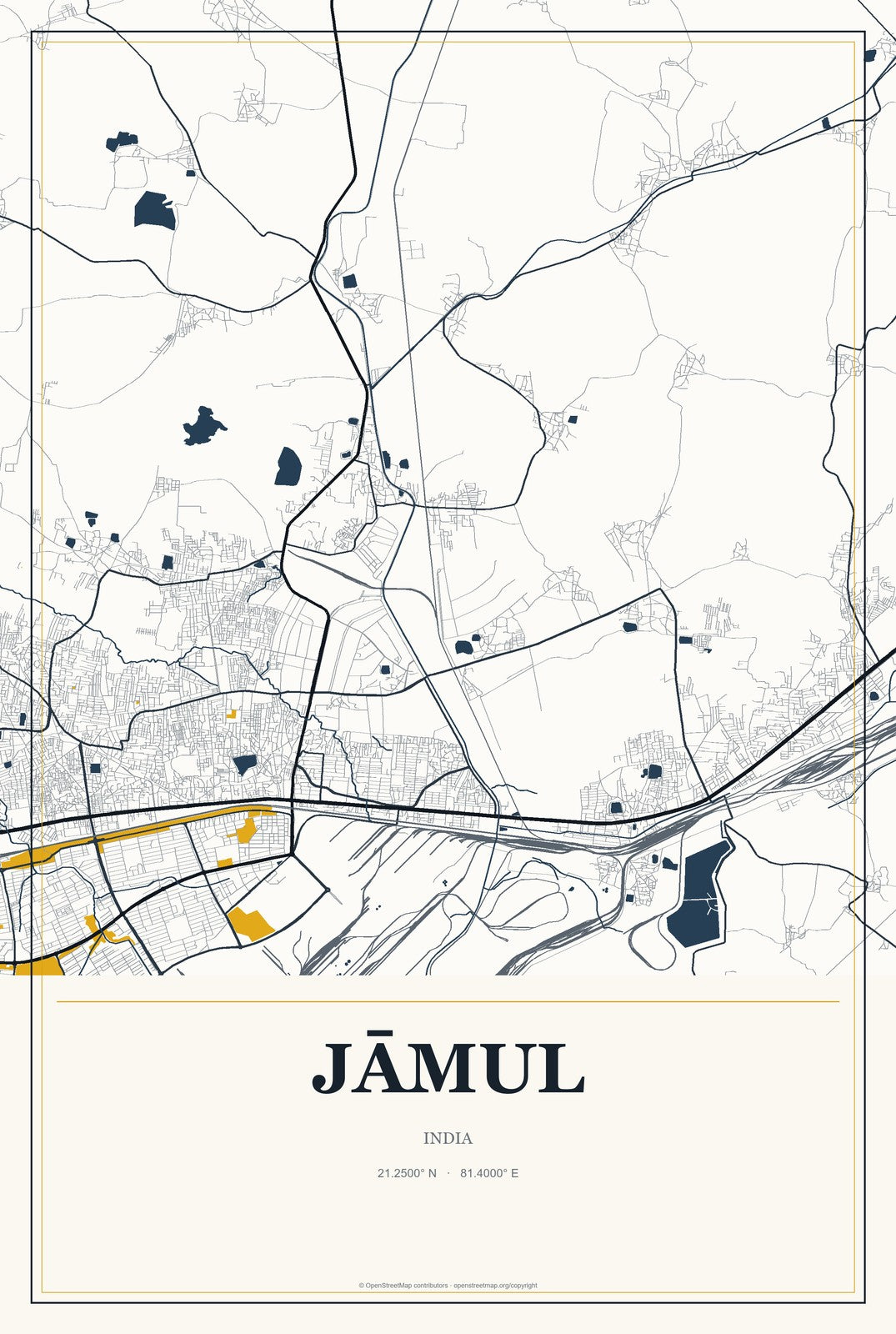 Jāmul, India City Map Aluminum Sign in Citrine Modern style