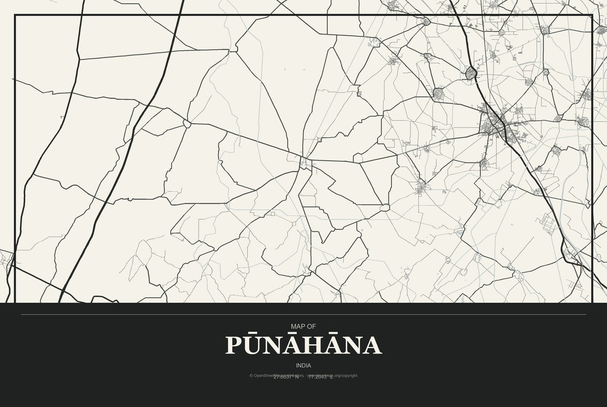 Pūnāhāna, India City Map Aluminum Sign in Museum Plaque style