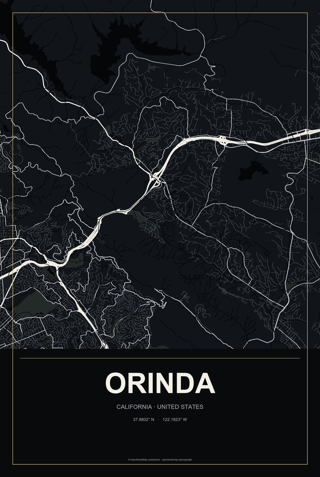 Orinda, California City Map Aluminum Sign in Metropolitan Noir style