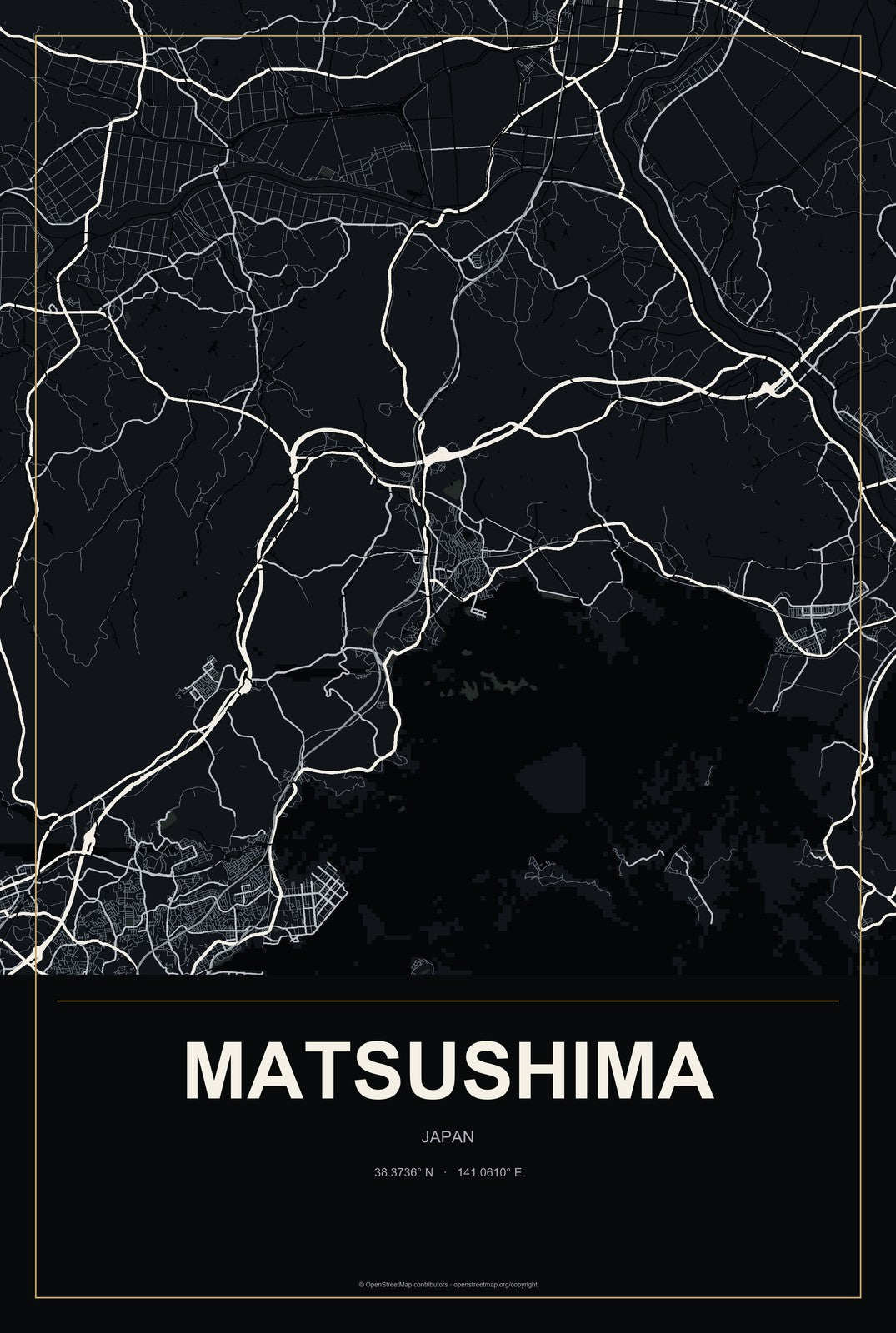 Matsushima, Japan City Map Aluminum Sign in Metropolitan Noir style