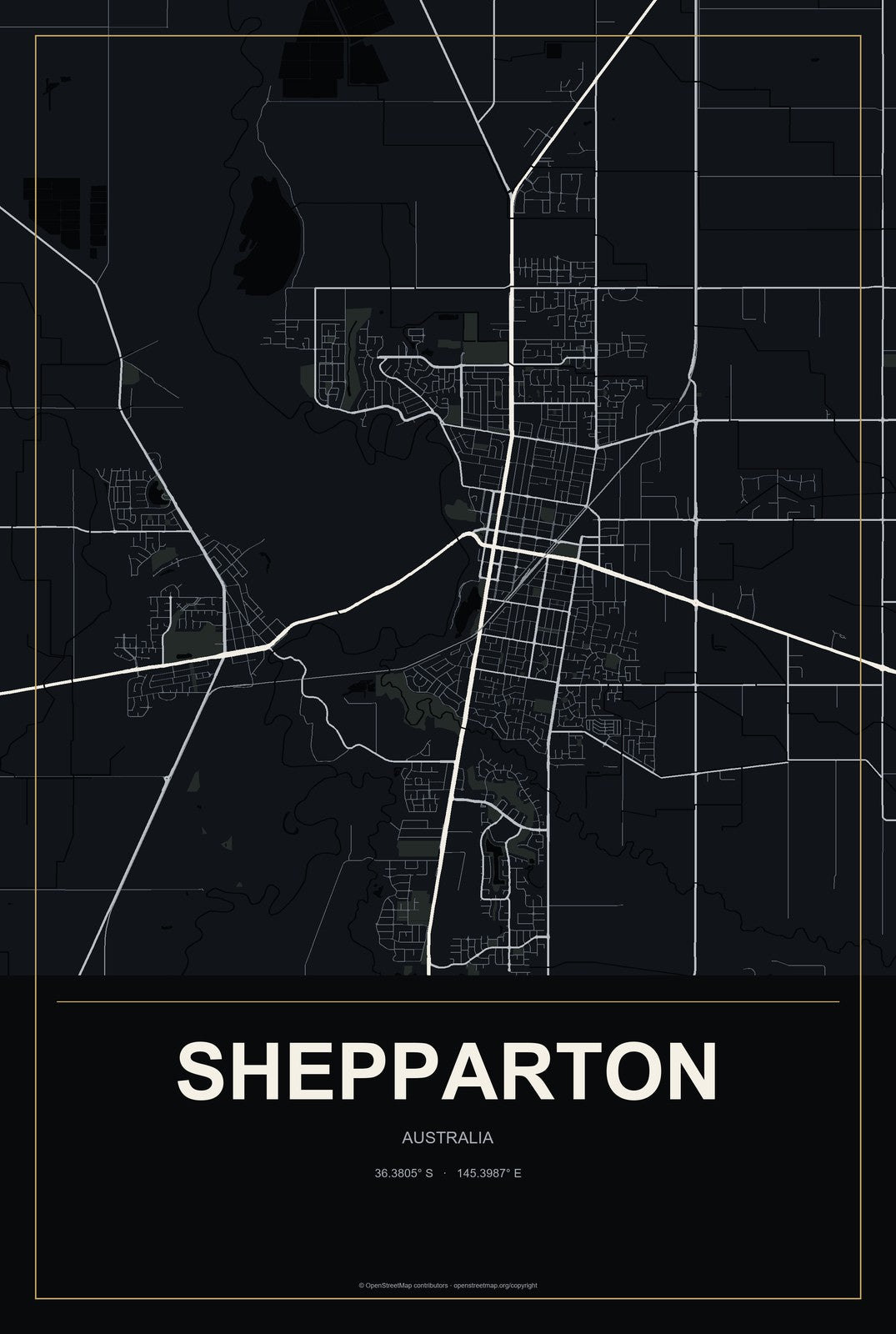 Shepparton, Australia City Map Aluminum Sign in Metropolitan Noir style