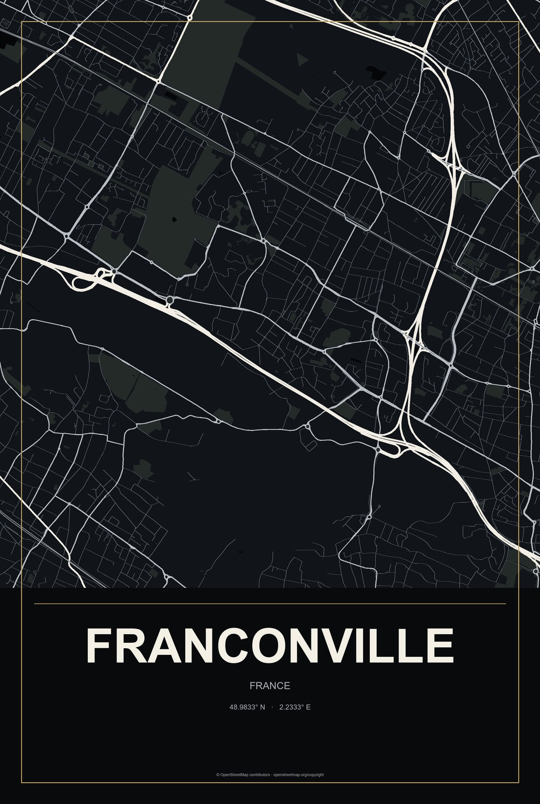 Franconville, France City Map Aluminum Sign in Metropolitan Noir style