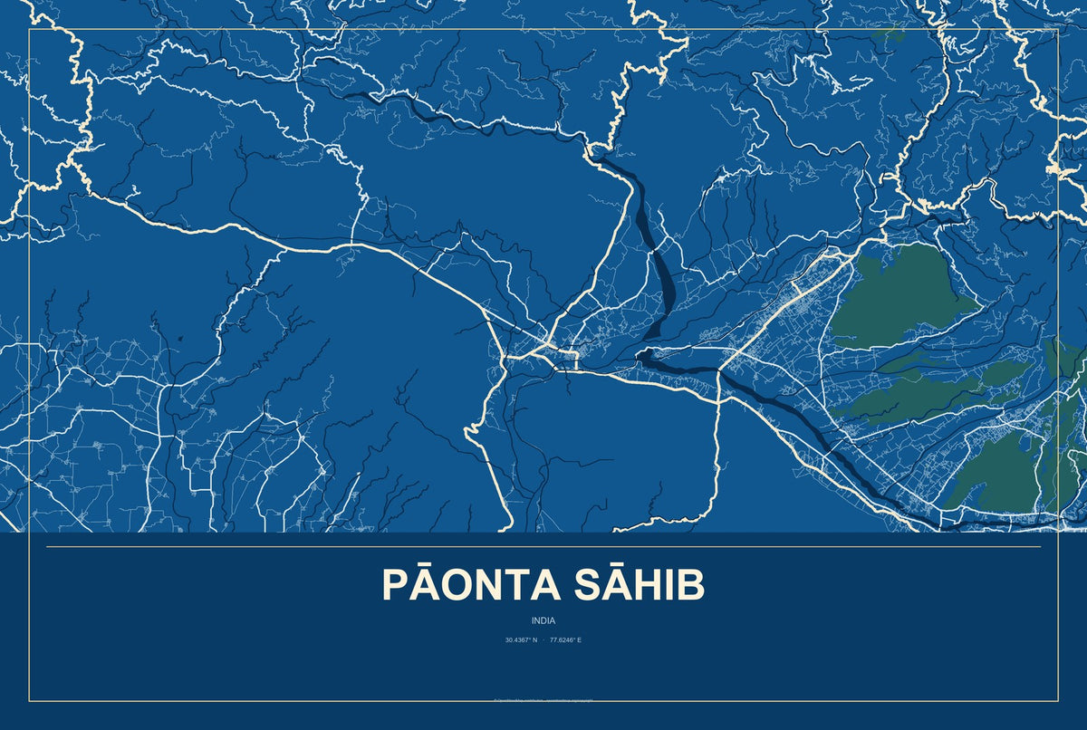 Pāonta Sāhib, India City Map Aluminum Sign in Harbor Cobalt style