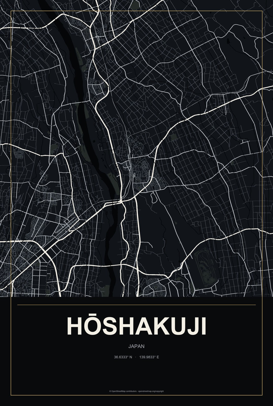 Hōshakuji, Japan City Map Aluminum Sign in Metropolitan Noir style