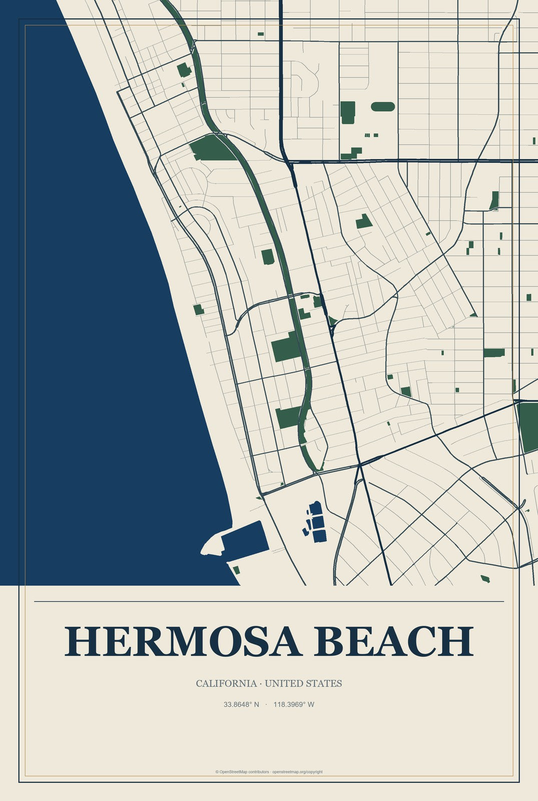 Hermosa Beach, California City Map Aluminum Sign in Coastal Cutout style