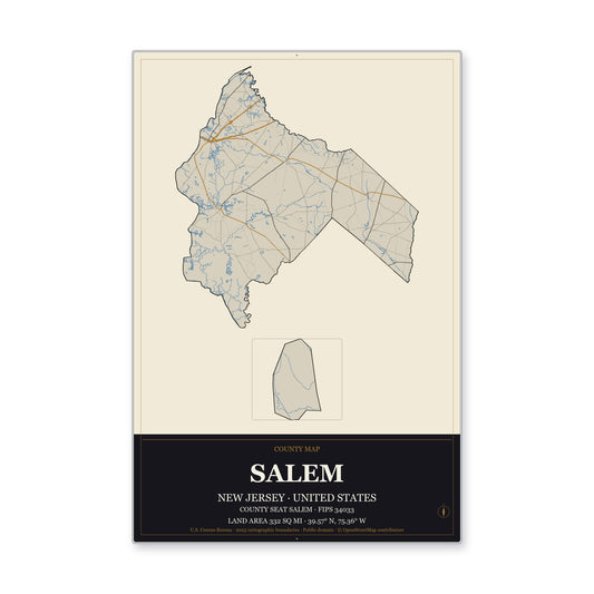 Salem County, New Jersey Map Aluminum Sign in Museum Plaque style