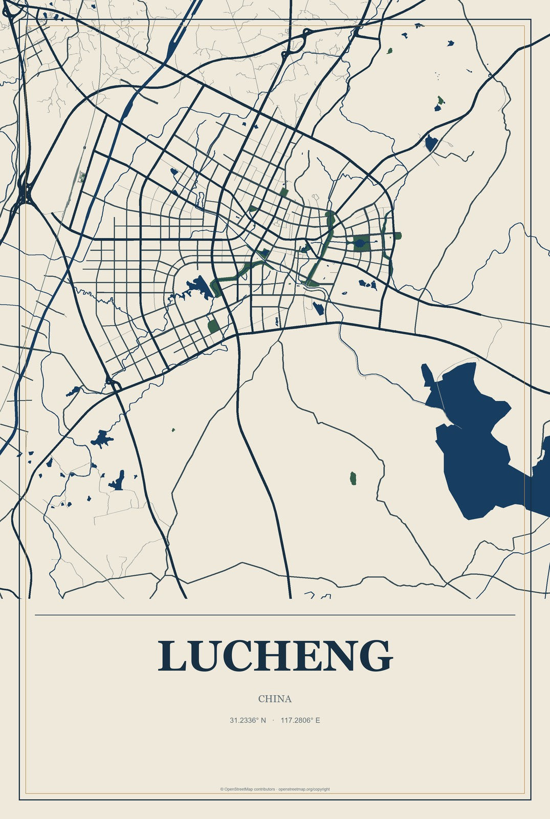 Lucheng, China City Map Aluminum Sign in Coastal Cutout style
