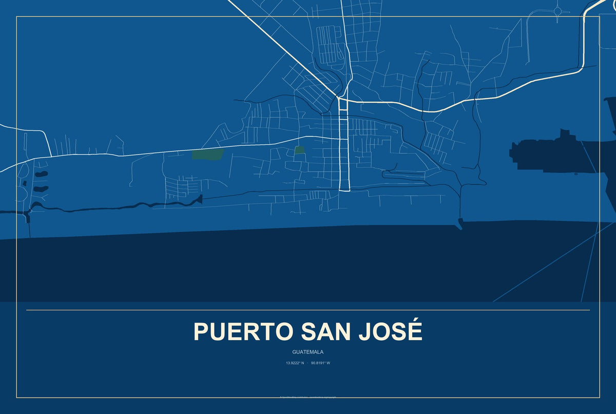 Puerto San José, Guatemala City Map Aluminum Sign in Harbor Cobalt style