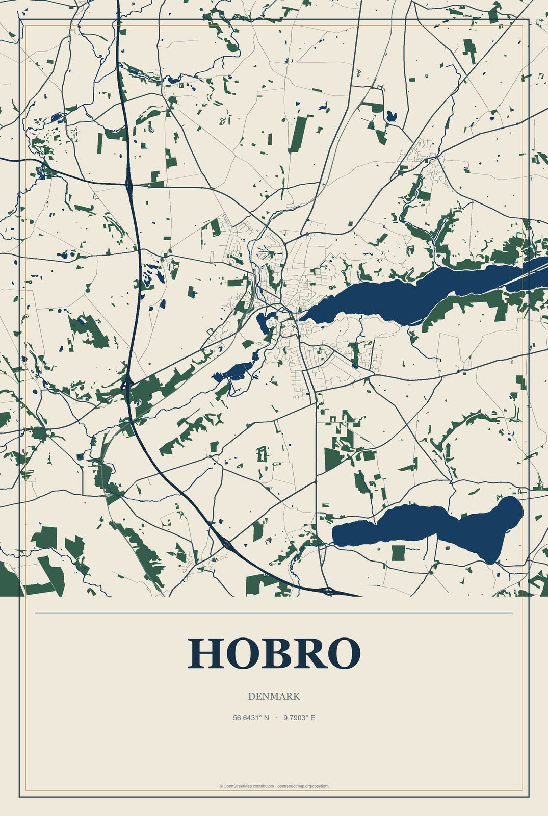 Hobro, Denmark City Map Aluminum Sign in Coastal Cutout style