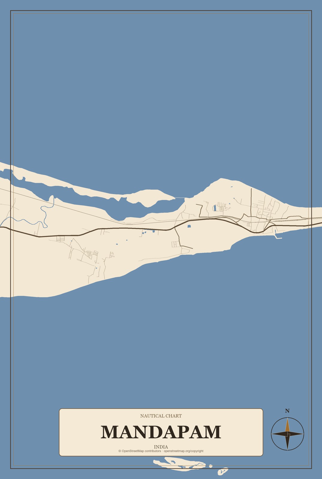 Mandapam, India City Map Aluminum Sign in Heritage Nautical style