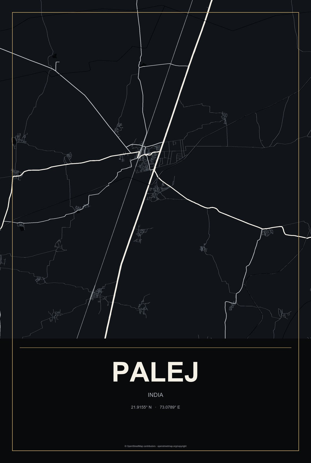 Palej, India City Map Aluminum Sign in Metropolitan Noir style