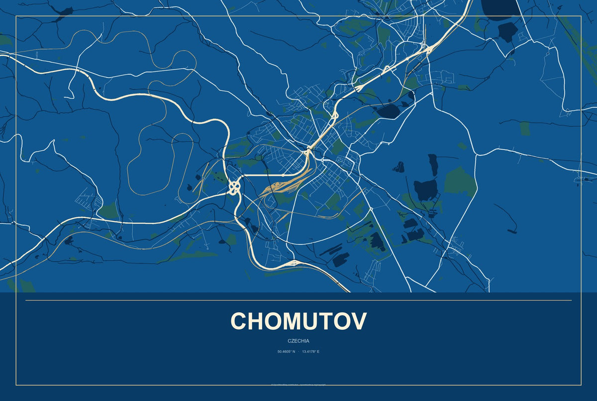 Chomutov, Czechia City Map Aluminum Sign in Harbor Cobalt style