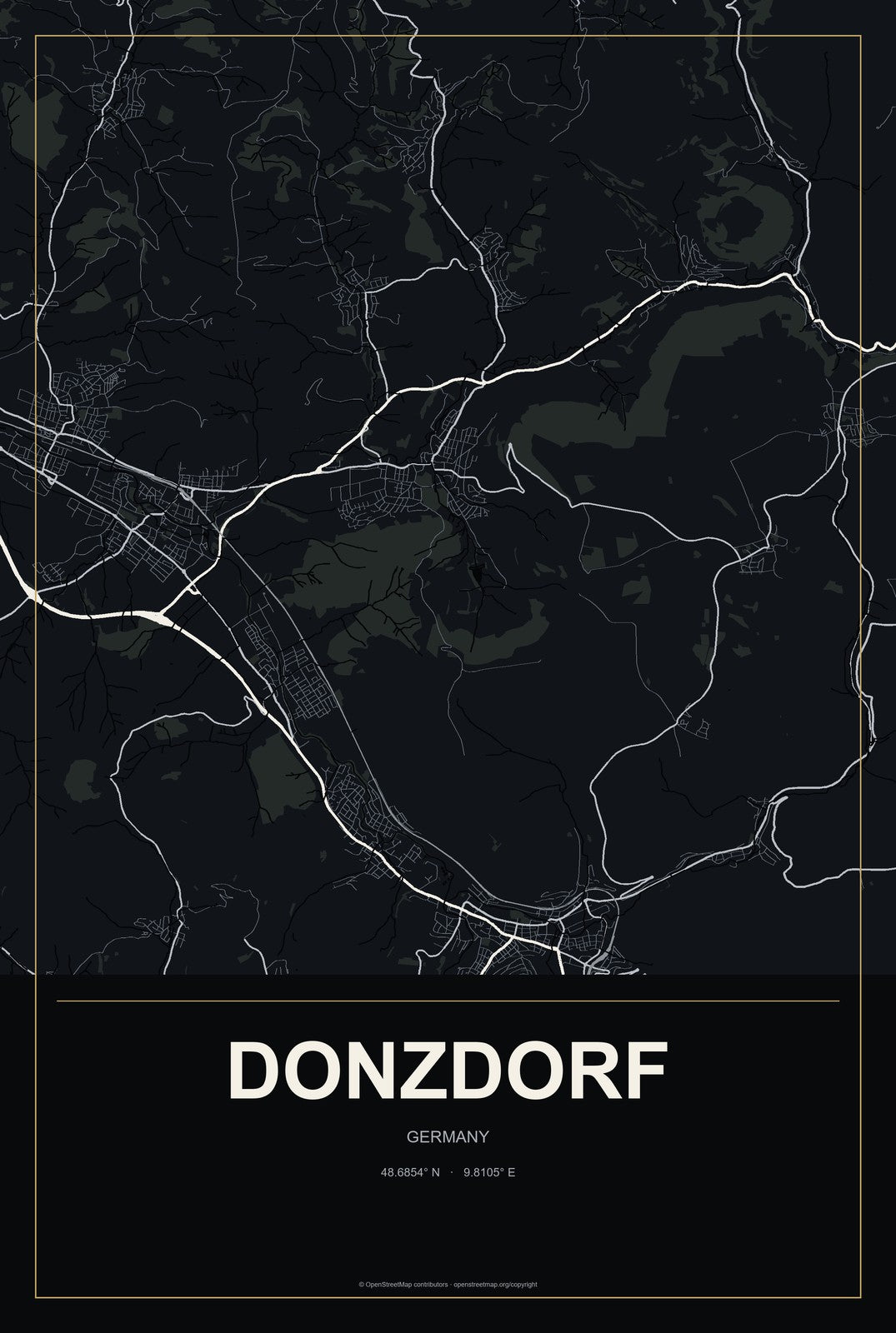 Donzdorf, Germany City Map Aluminum Sign in Metropolitan Noir style