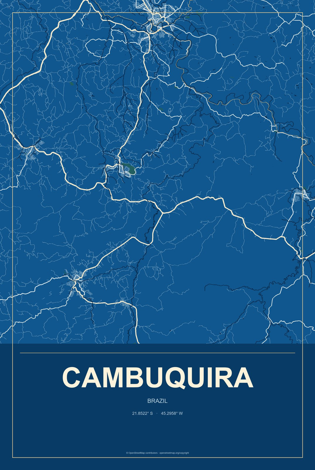 Cambuquira, Brazil City Map Aluminum Sign in Harbor Cobalt style