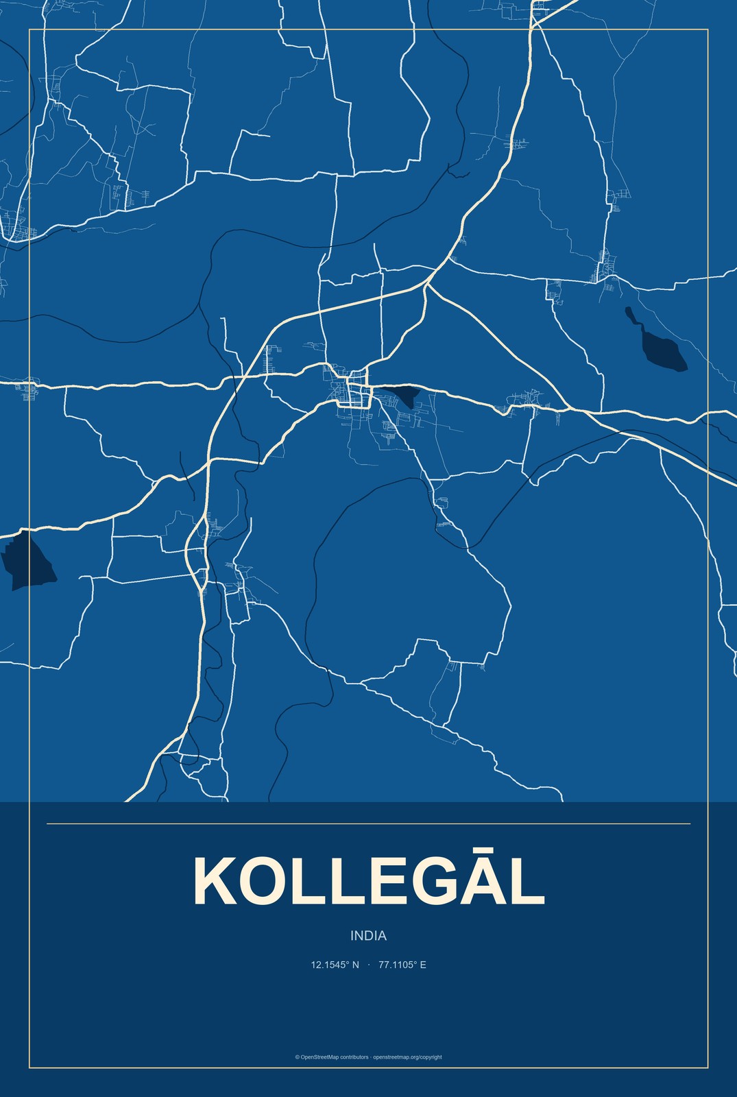 Kollegāl, India City Map Aluminum Sign in Harbor Cobalt style