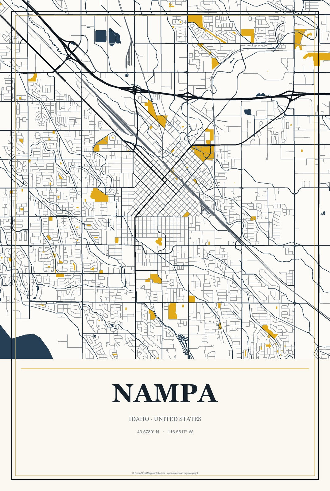 Nampa, Idaho City Map Aluminum Sign in Citrine Modern style
