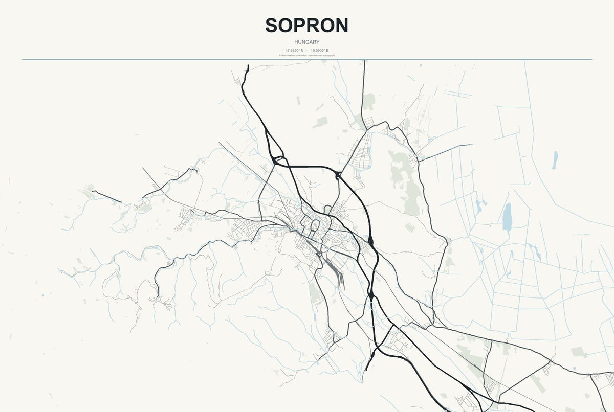 Sopron, Hungary City Map Aluminum Sign in Headline Atlas style