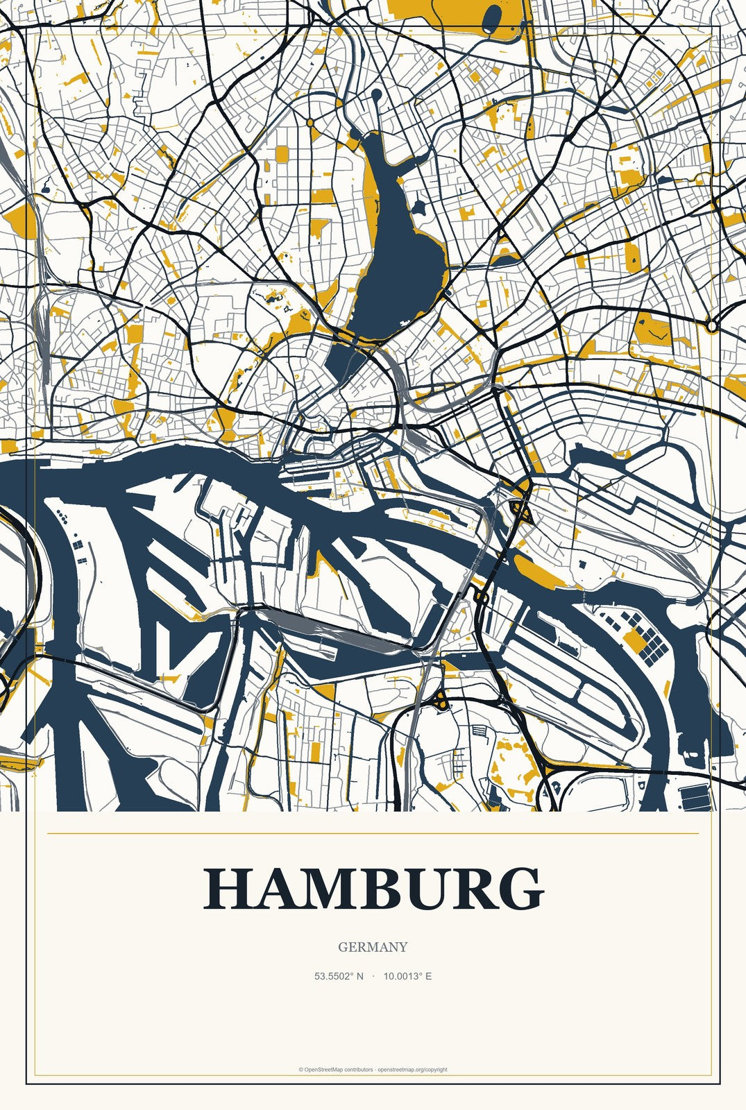 Hamburg, Germany City Map Aluminum Sign in Citrine Modern style