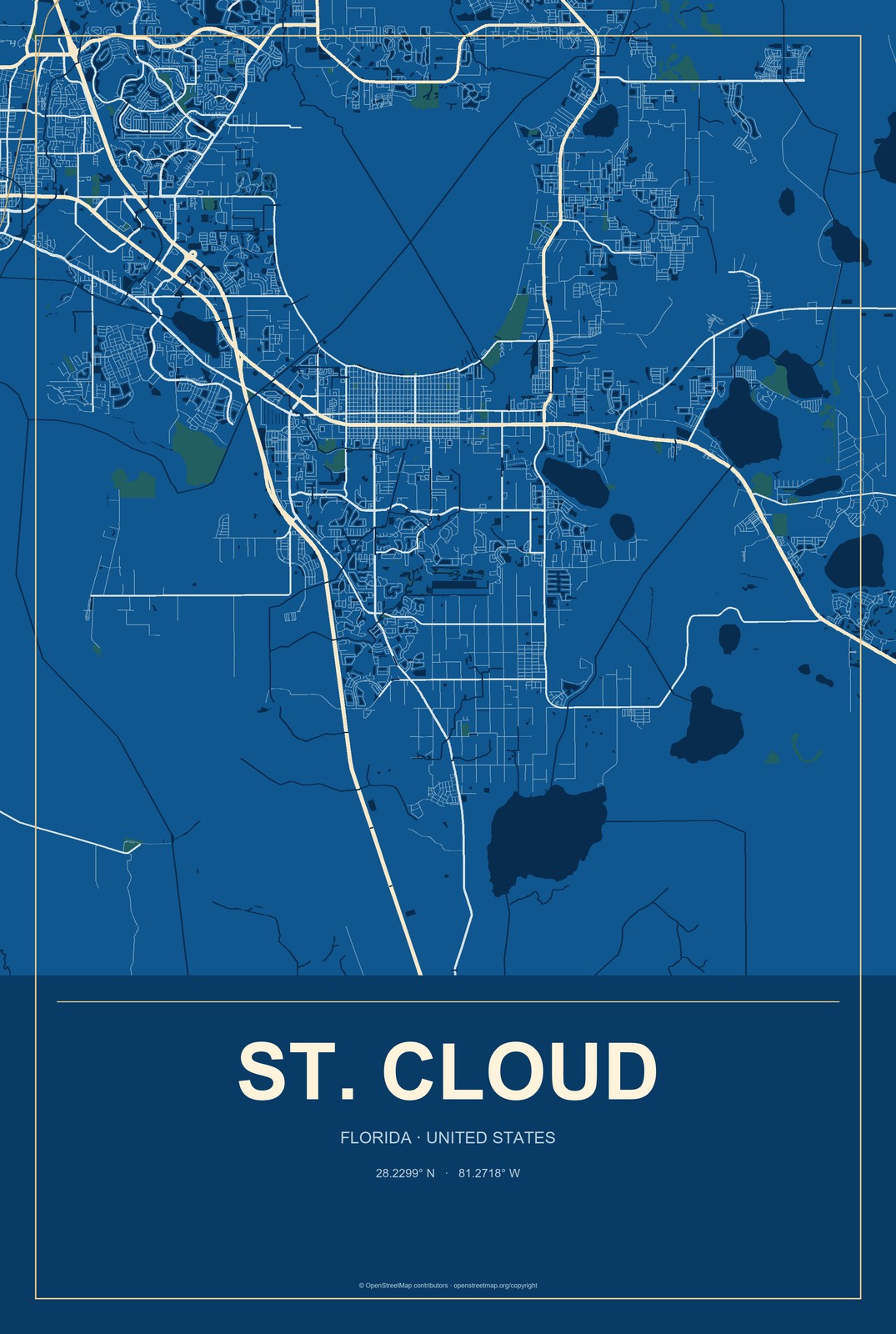 St. Cloud, Florida City Map Aluminum Sign in Harbor Cobalt style
