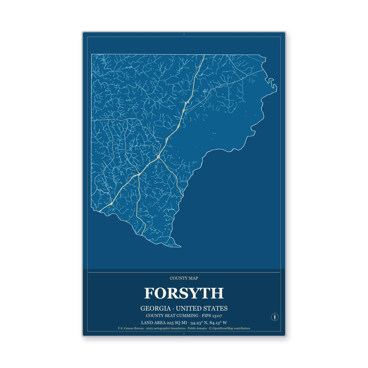Forsyth County, Georgia Map Aluminum Sign in Harbor Cobalt style