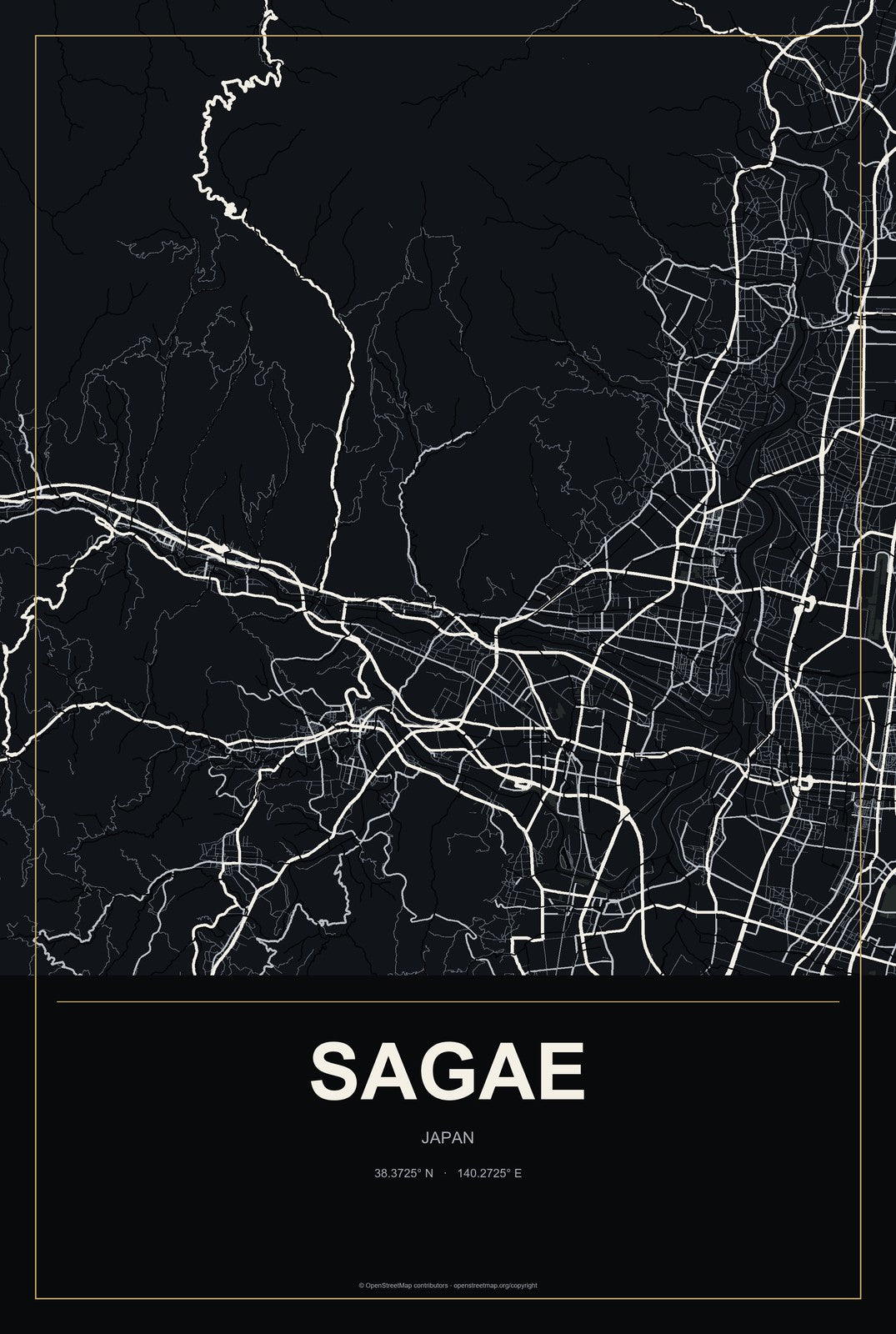 Sagae, Japan City Map Aluminum Sign in Metropolitan Noir style