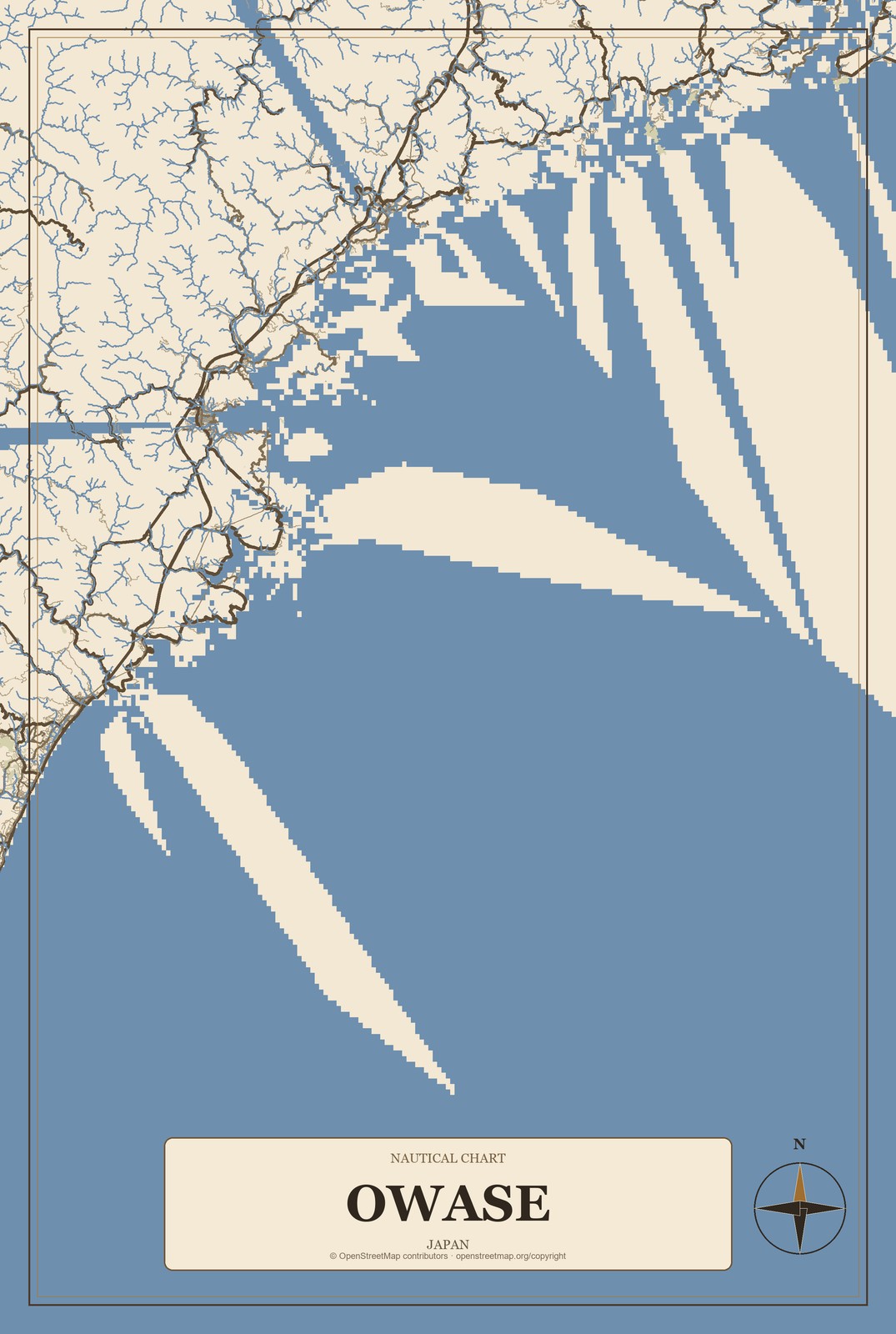 Owase, Japan City Map Aluminum Sign in Heritage Nautical style