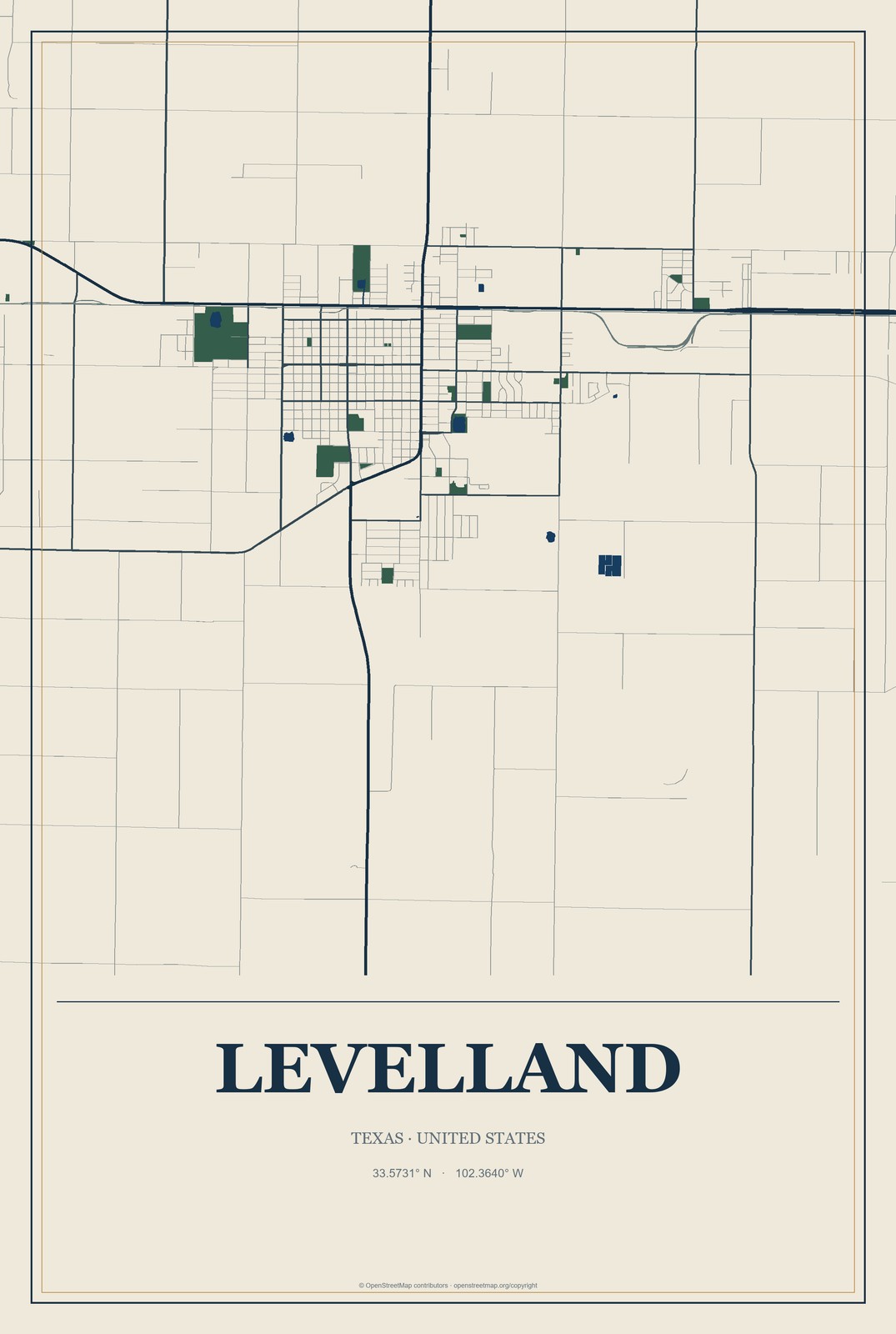 Levelland, Texas City Map Aluminum Sign in Coastal Cutout style