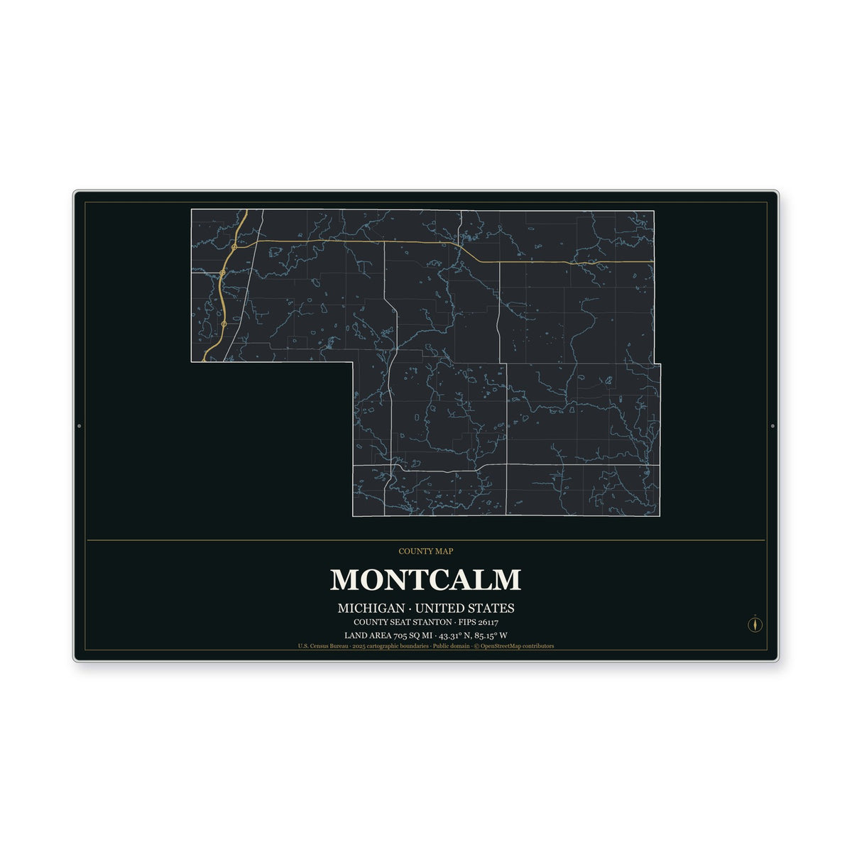 Montcalm County, Michigan Map Aluminum Sign in Metropolitan Noir style