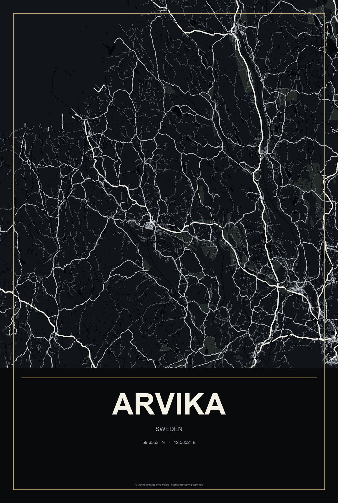 Arvika, Sweden City Map Aluminum Sign in Metropolitan Noir style