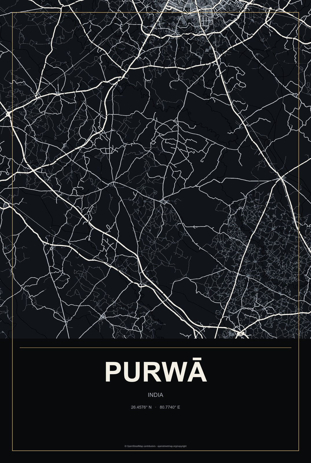 Purwā, India City Map Aluminum Sign in Metropolitan Noir style