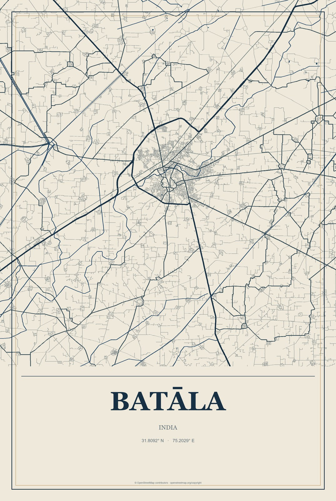 Batāla, India City Map Aluminum Sign in Coastal Cutout style