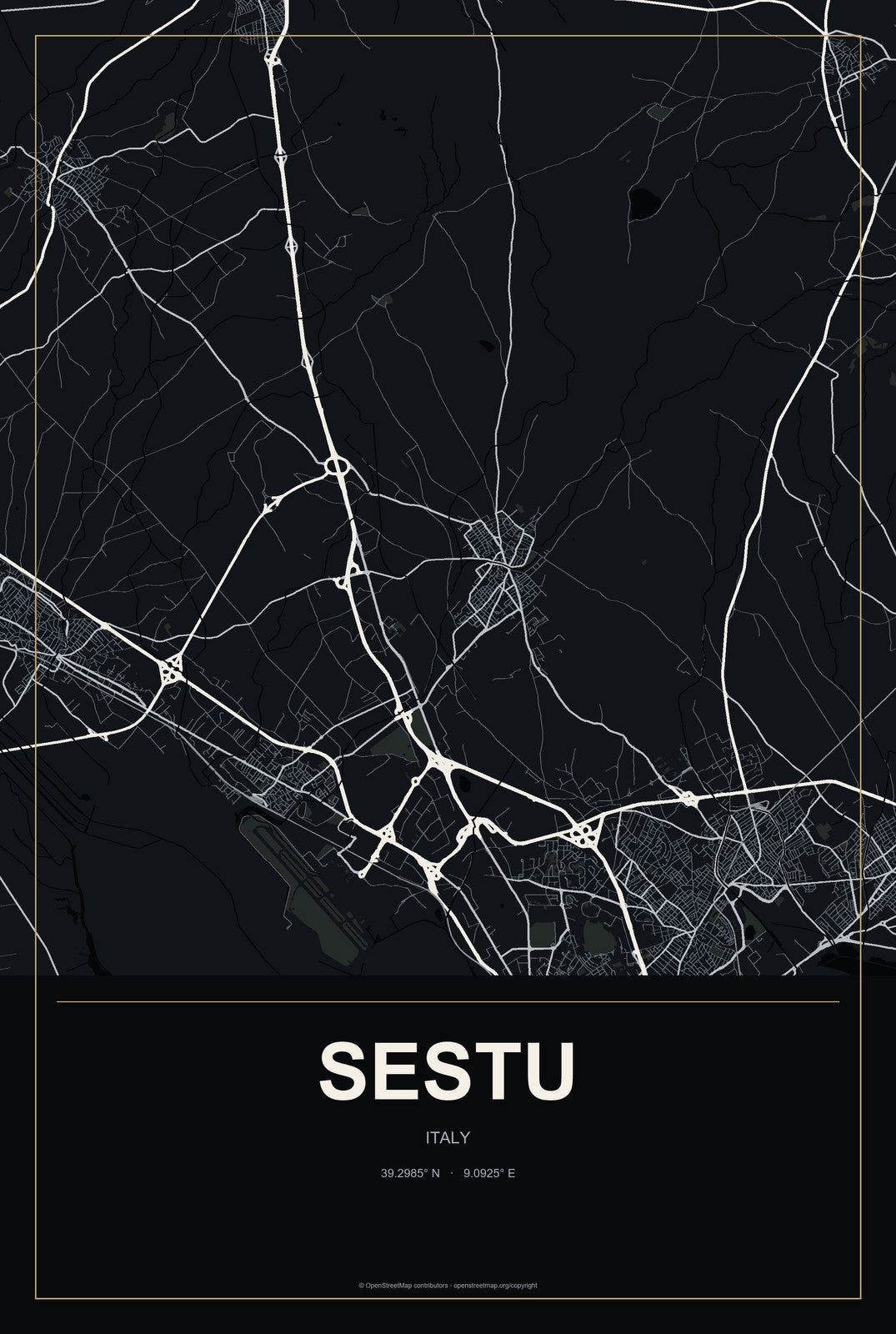 Sestu, Italy City Map Aluminum Sign in Metropolitan Noir style
