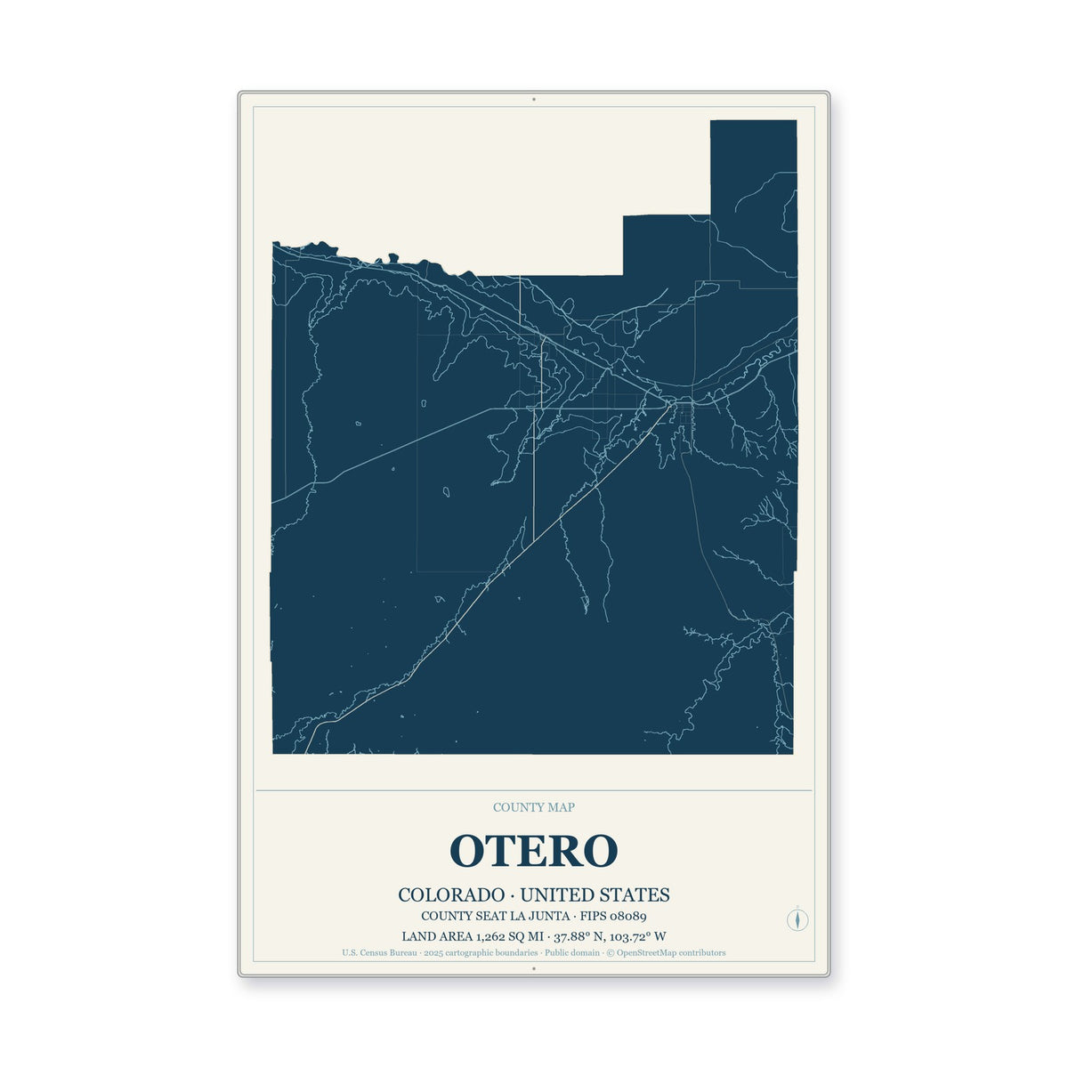 Otero County, Colorado Map Aluminum Sign in Coastal Cutout style