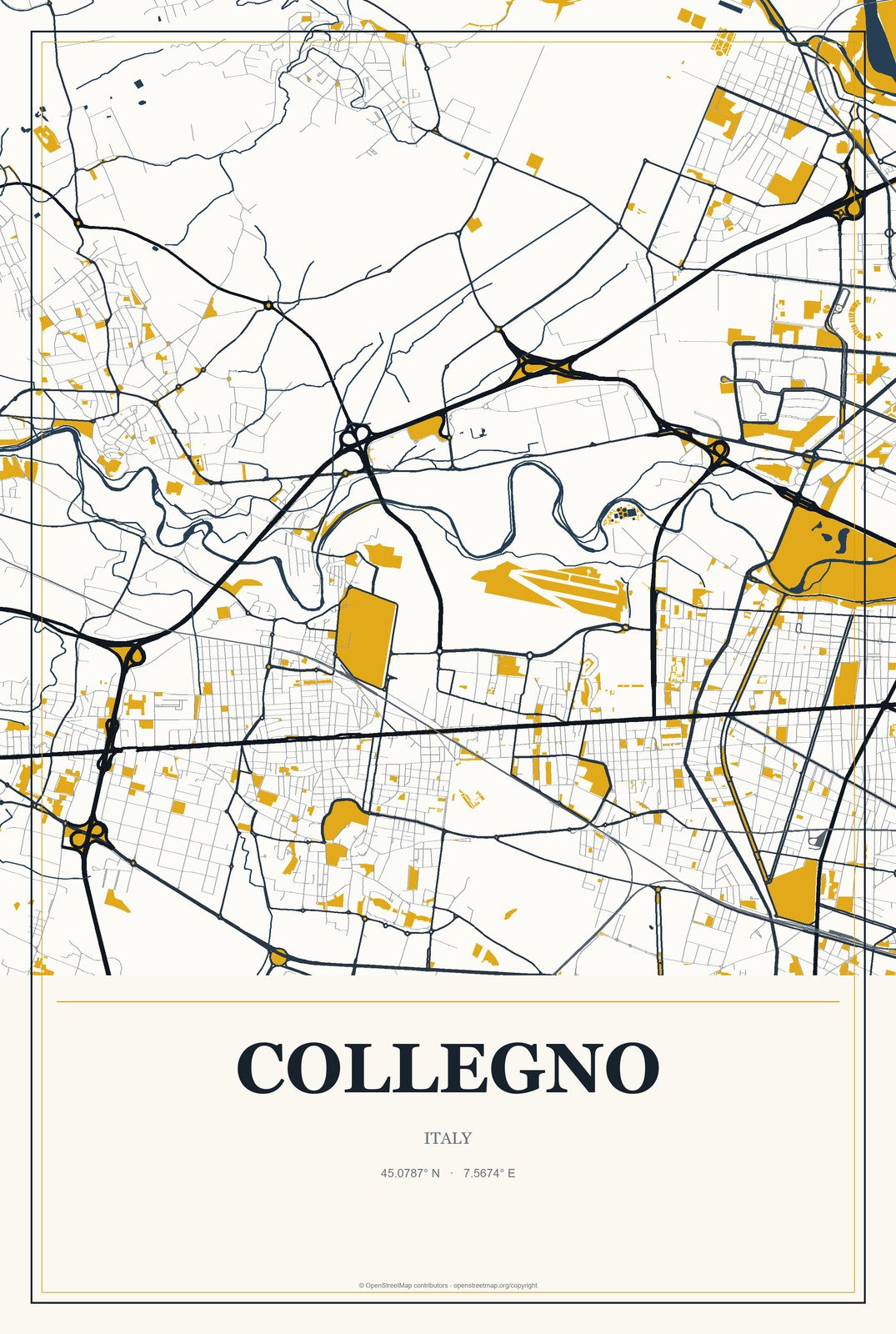 Collegno, Italy City Map Aluminum Sign in Citrine Modern style