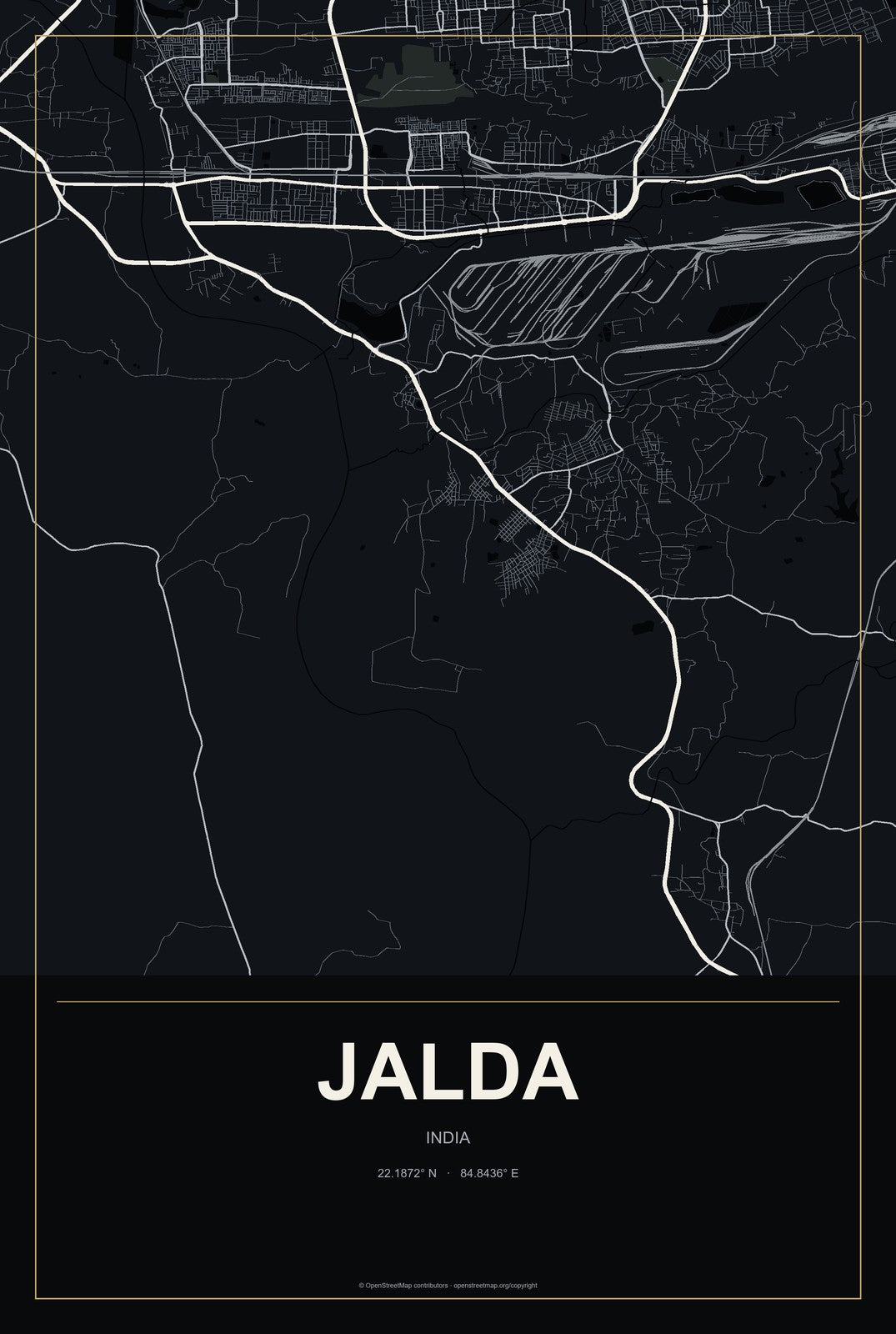 Jalda, India City Map Aluminum Sign in Metropolitan Noir style