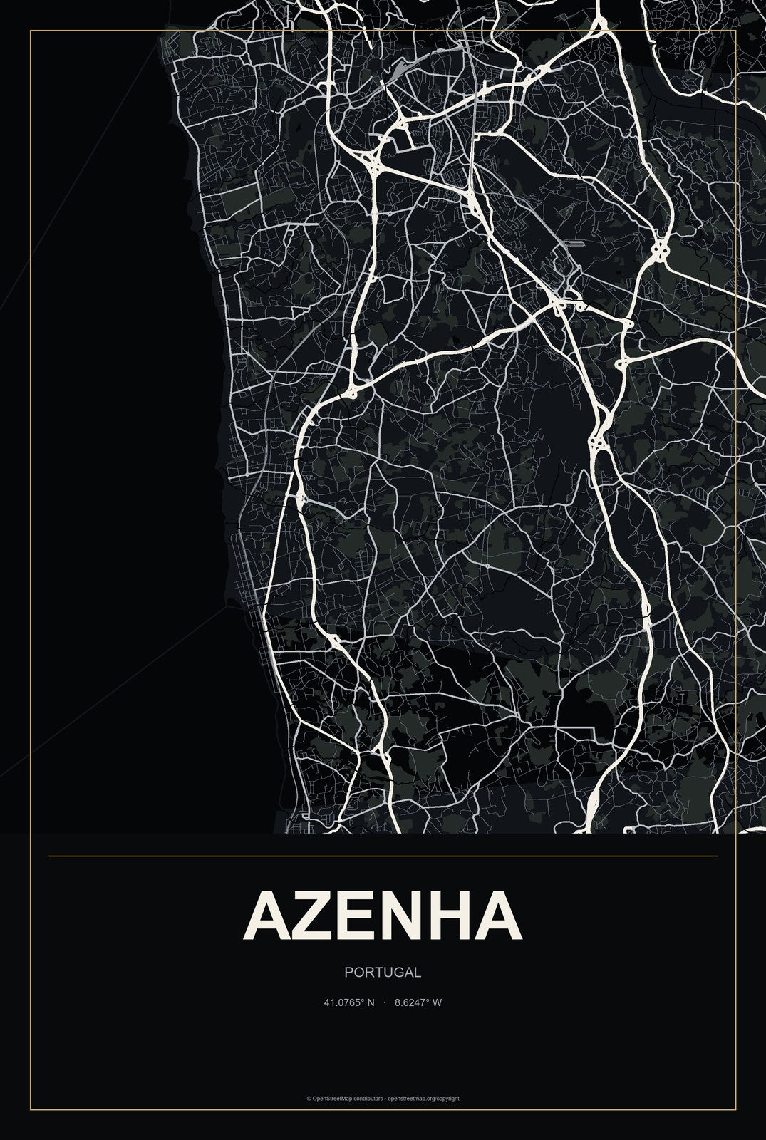Azenha, Portugal City Map Aluminum Sign in Metropolitan Noir style