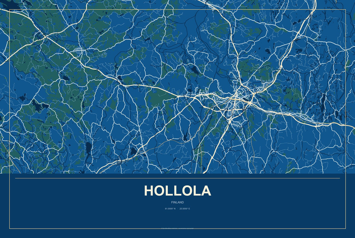 Hollola, Finland City Map Aluminum Sign in Harbor Cobalt style