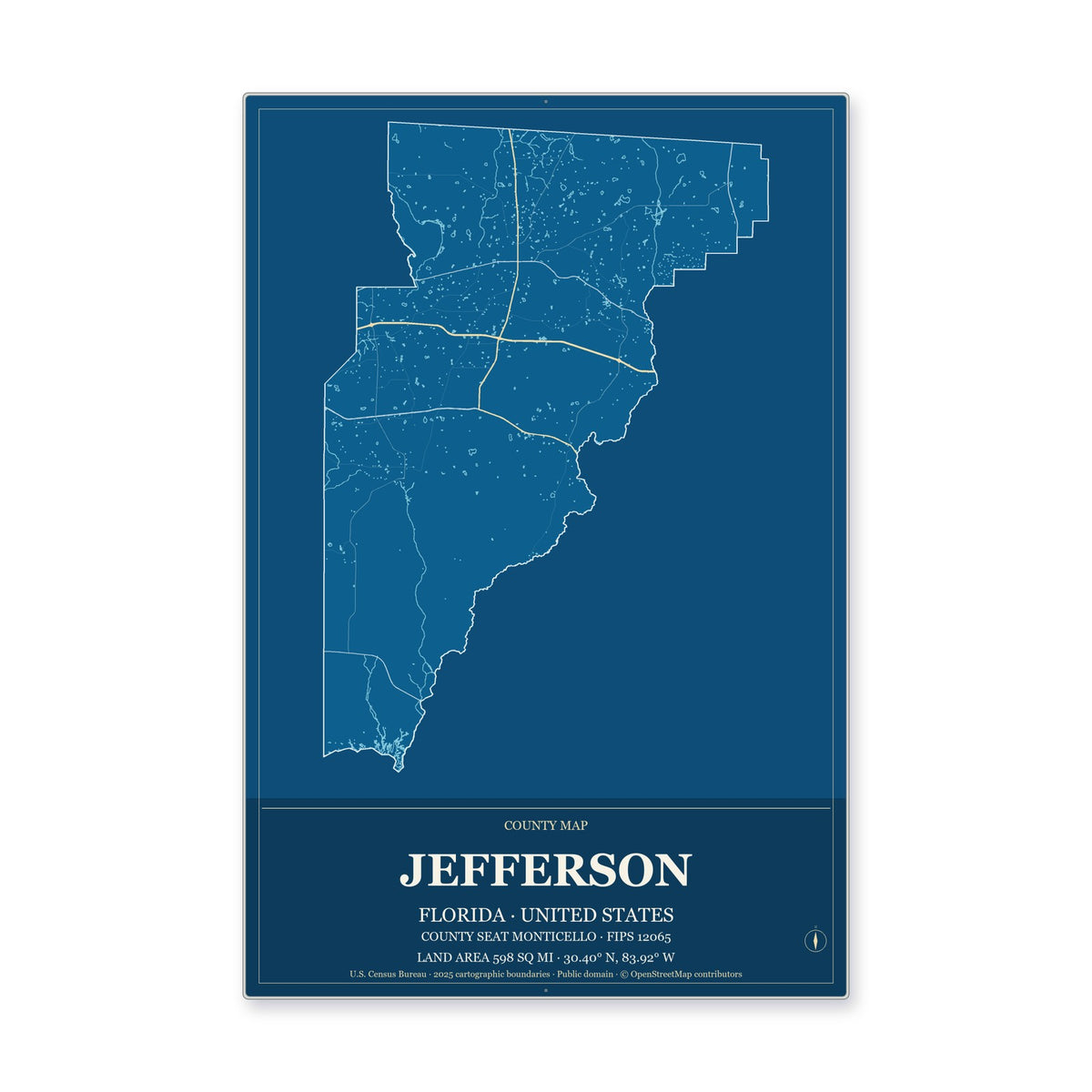 Jefferson County, Florida Map Aluminum Sign in Harbor Cobalt style