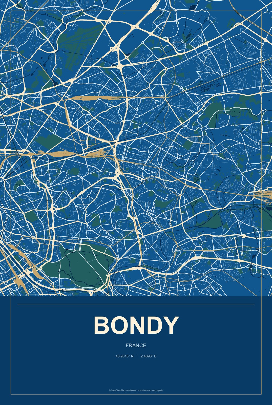 Bondy, France City Map Aluminum Sign in Harbor Cobalt style