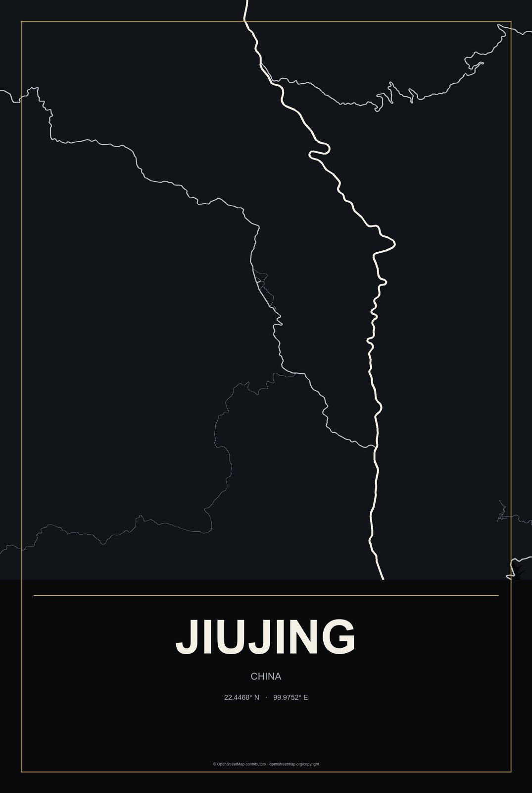 Jiujing, China City Map Aluminum Sign in Metropolitan Noir style
