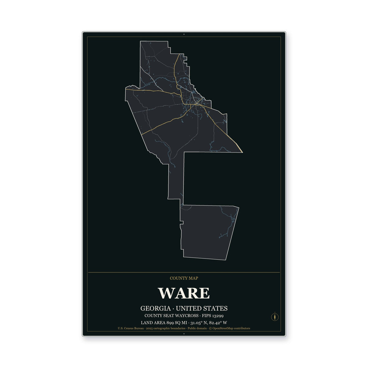Ware County, Georgia Map Aluminum Sign in Metropolitan Noir style