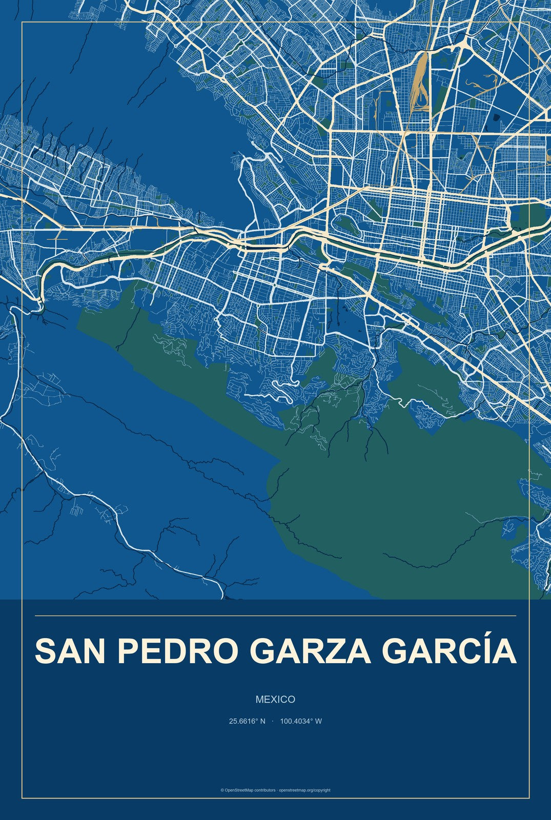 San Pedro Garza García, Mexico City Map Aluminum Sign in Harbor Cobalt style